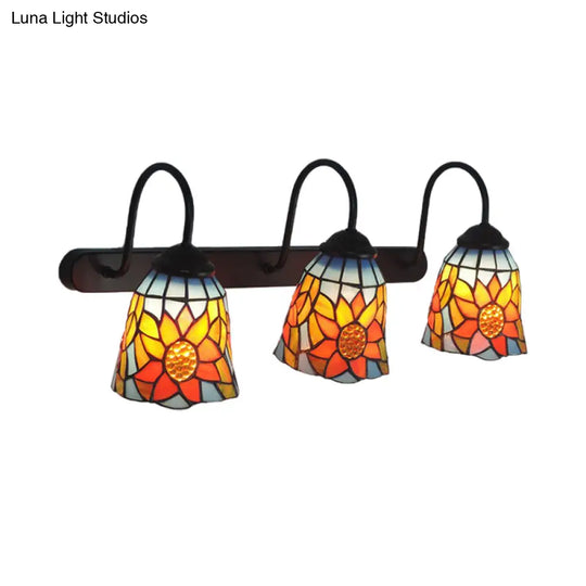 Tiffany Glass Bell Wall Sconce With 3 Sunflower Patterned Heads