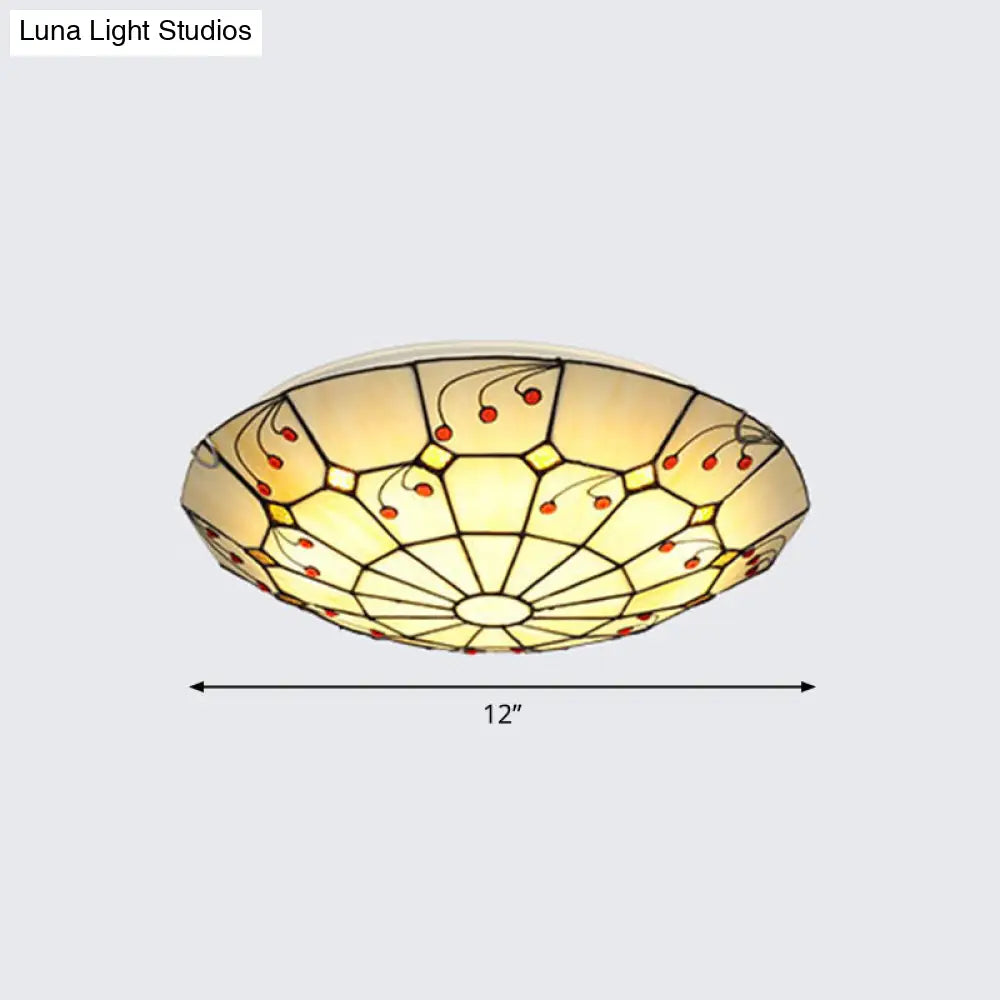 Tiffany Glass Classic Led Flush Ceiling Light Fixture With Grid Pattern Apricot / 12’