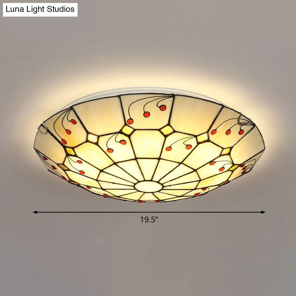 Tiffany Glass Classic Led Flush Ceiling Light Fixture With Grid Pattern Apricot / 19.5’