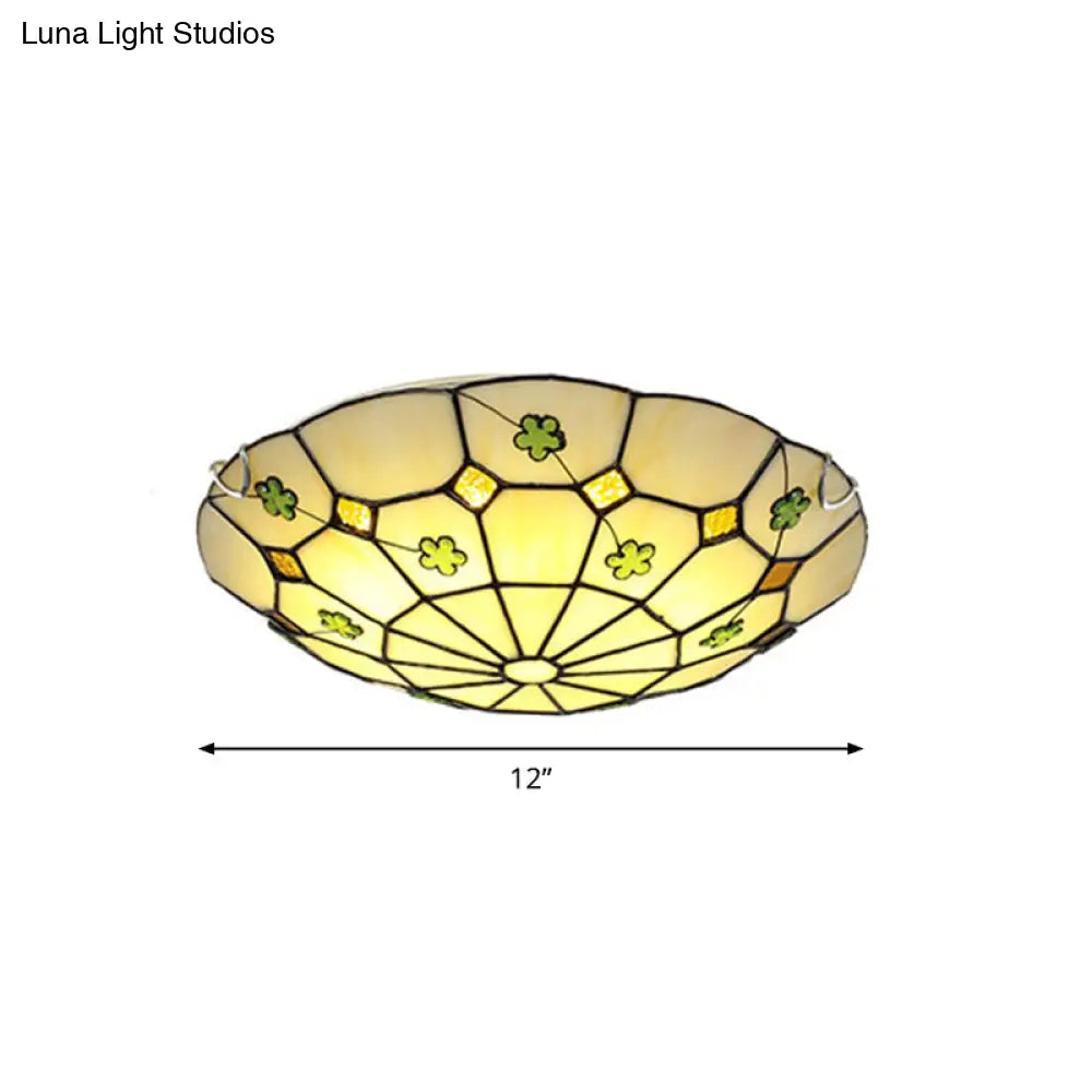 Tiffany Glass Classic Led Flush Ceiling Light Fixture With Grid Pattern Green / 12’