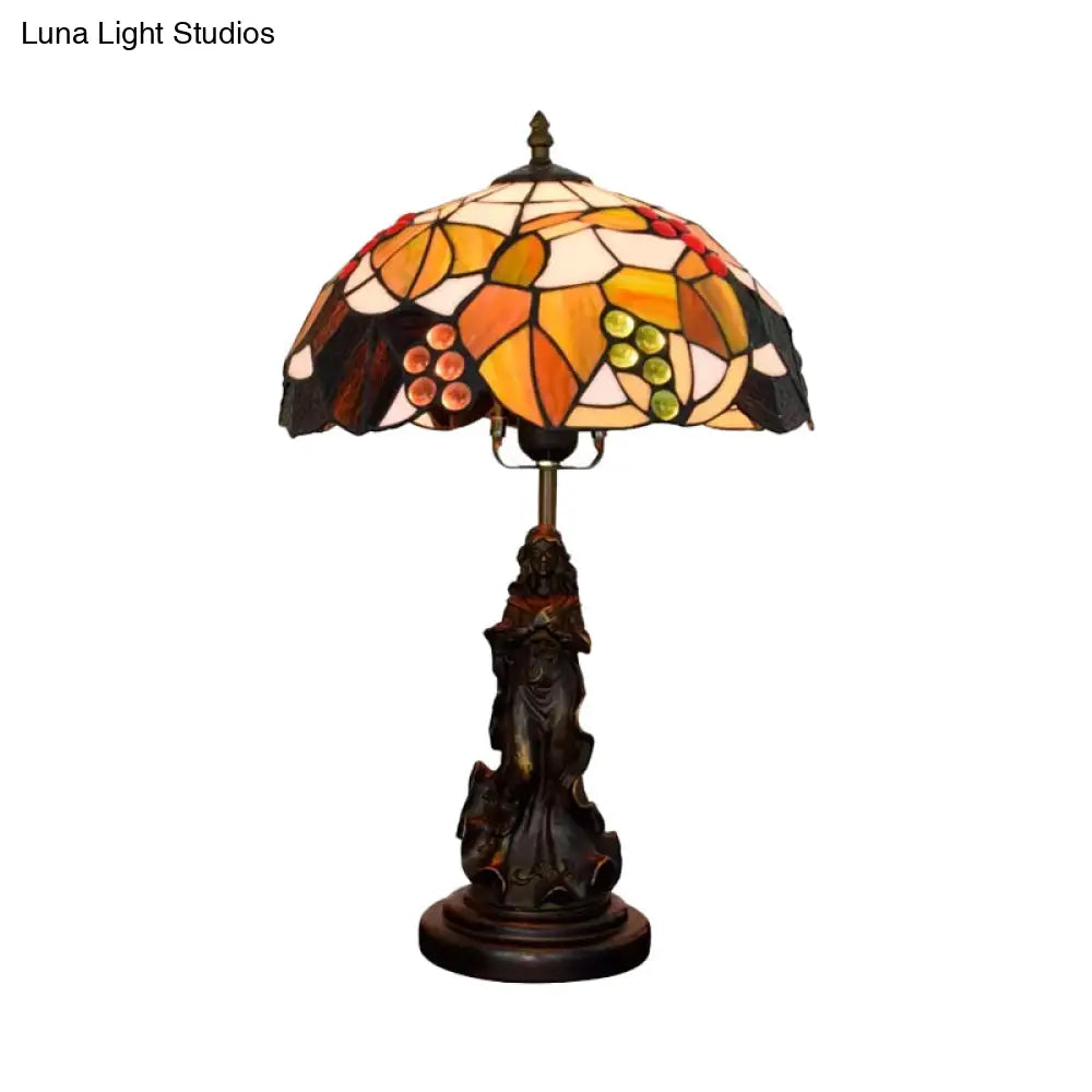 Tiffany Glass Grapes Table Lamp - Baroque Style Brown/Green/White-Brown Night Stand Light With Girl
