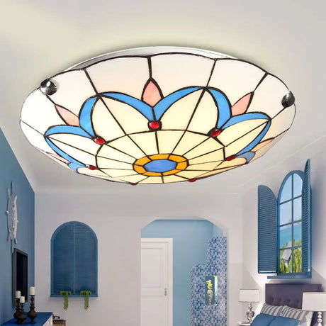 Tiffany Glass Mediterranean Flushmount Ceiling Light For Restaurants - Bowl Led Flush Mount Beige