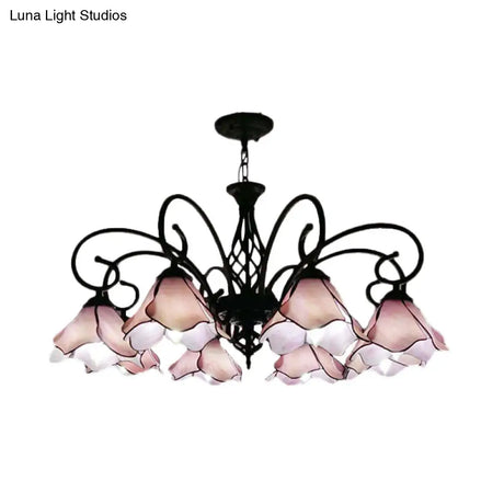 Tiffany Glass Petal Chandelier Light Fixture - 5/8 Lights With Black Ceiling Pendant For Bedroom In