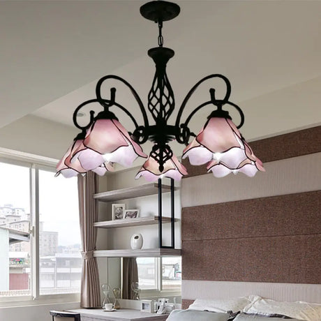 Tiffany Glass Petal Chandelier Light Fixture - 5/8 Lights With Black Ceiling Pendant For Bedroom In