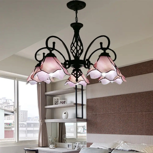 Tiffany Glass Petal Chandelier Light Fixture - 5/8 Lights With Black Ceiling Pendant For Bedroom In