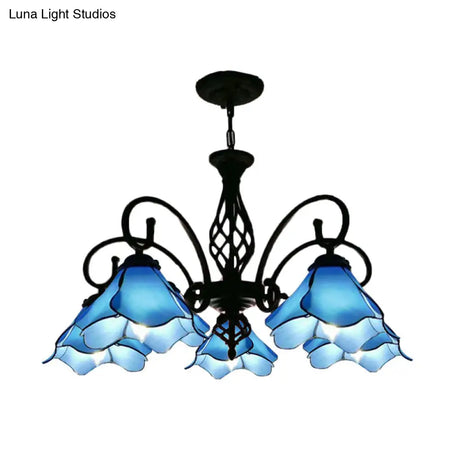 Tiffany Glass Petal Chandelier Light Fixture - 5/8 Lights With Black Ceiling Pendant For Bedroom In