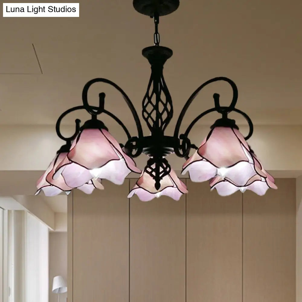 Tiffany Glass Petal Chandelier Light Fixture - 5/8 Lights With Black Ceiling Pendant For Bedroom In