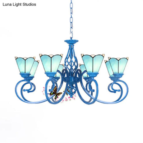 Tiffany Glass Petal Chandelier With Adjustable Chain And Curved Arm In Blue/White