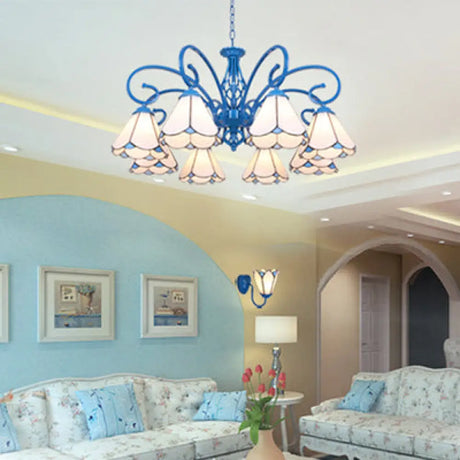 Tiffany Glass Petal Chandelier With Adjustable Chain And Curved Arm In Blue/White White