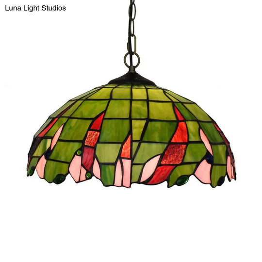 Stylish Green Tiffany Ceiling Pendant Light - Stained Glass Domed Suspension Lamp For Bedroom