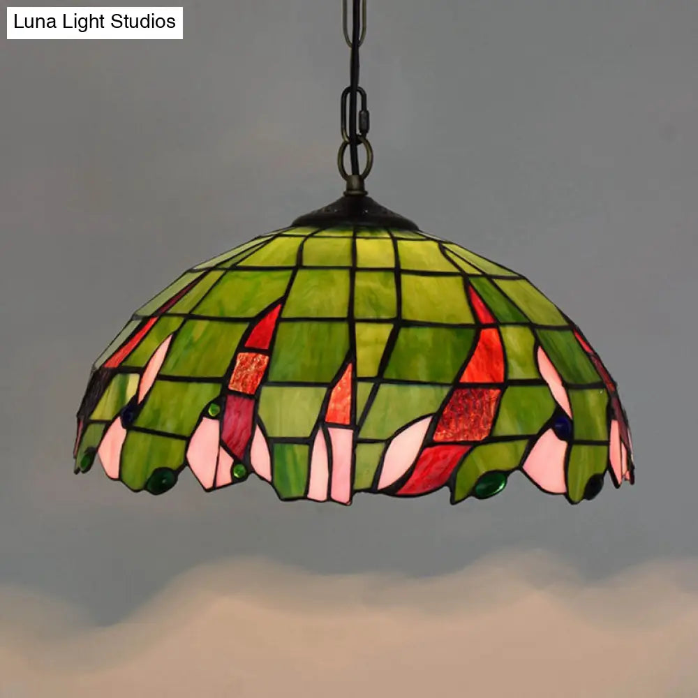 Stylish Green Tiffany Ceiling Pendant Light - Stained Glass Domed Suspension Lamp For Bedroom