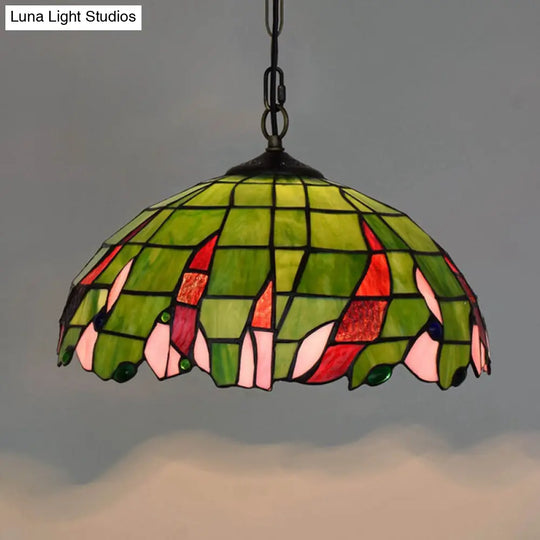 Stylish Green Tiffany Ceiling Pendant Light - Stained Glass Domed Suspension Lamp For Bedroom