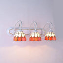 Tiffany Grid Patterned Glass Sconce Light With Curved Arm - 3 Heads Orange/Green/Blue Orange