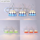 Tiffany Grid Patterned Glass Sconce Light With Curved Arm - 3 Heads Orange/Green/Blue
