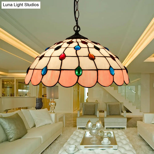 Tiffany Hand Rolled Art Glass Ceiling Light - Single Dome Pendant For Bedroom In Pink/Light