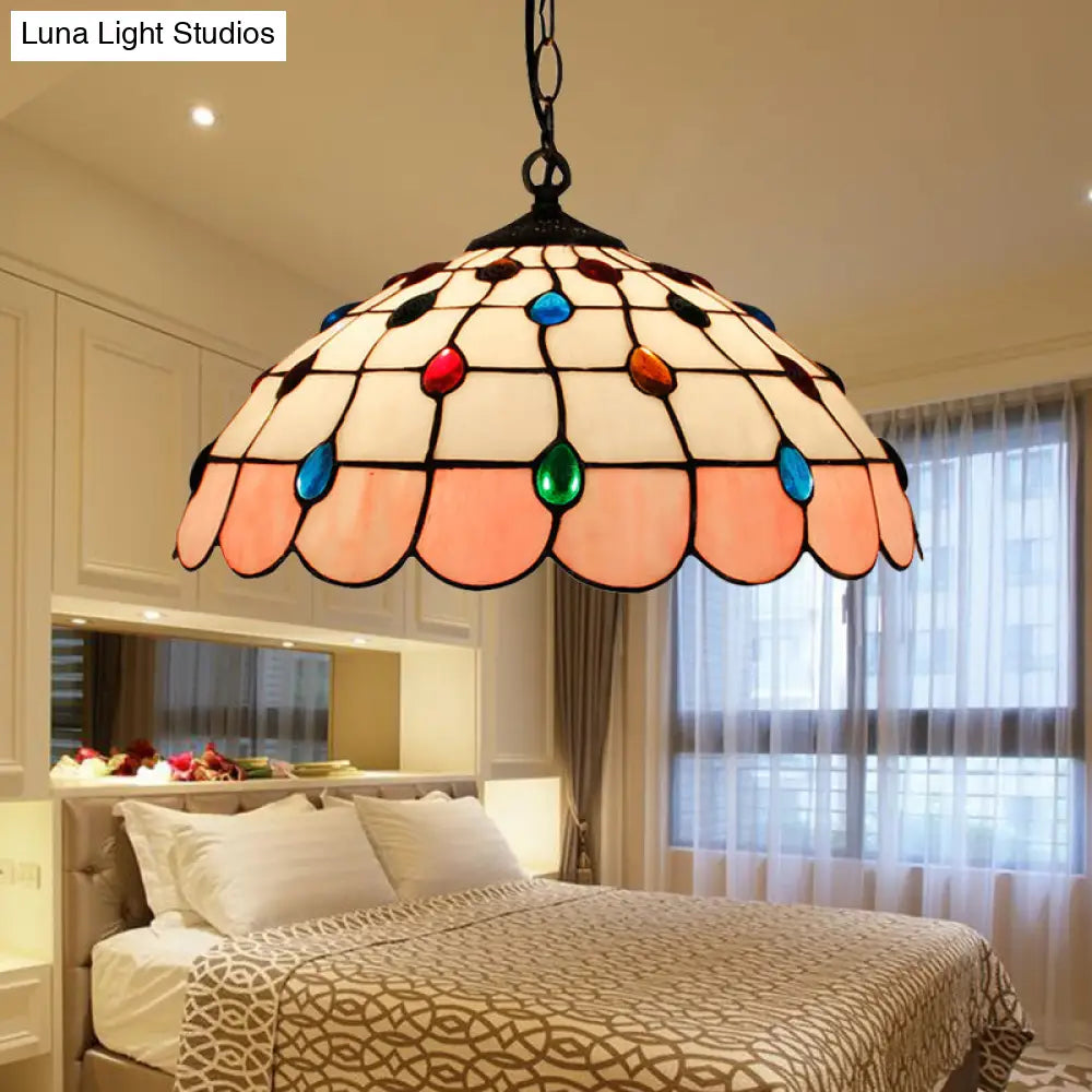 Tiffany Hand Rolled Art Glass Ceiling Light - Single Dome Pendant For Bedroom In Pink/Light