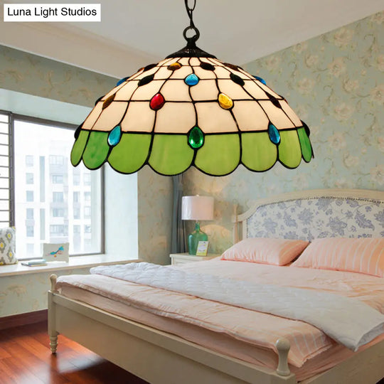 Hand Rolled Art Glass Ceiling Light - Tiffany Pink/Light Blue/Green Pendant For Bedroom Green