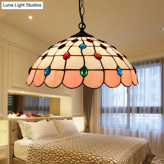 Hand Rolled Art Glass Ceiling Light - Tiffany Pink/Light Blue/Green Pendant For Bedroom Pink