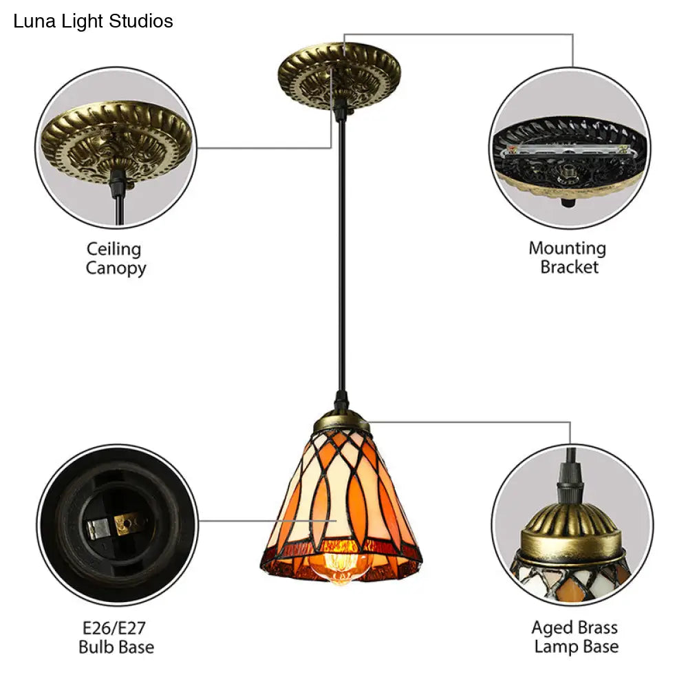 Tiffany Hand Rolled Art Glass Cone Shape Hanging Lamp Kit - 1 Light Brown Suspended Fixture For