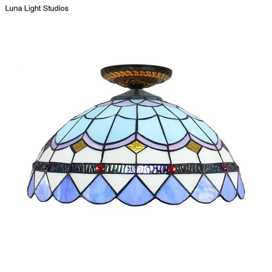 Tiffany Hand Rolled Art Glass Floral Flush Mount Light With Yellow/Blue Shade 12’/16’ W