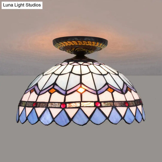 Tiffany Hand Rolled Art Glass Floral Flush Mount Light With Yellow/Blue Shade 12/16 W Blue / 12