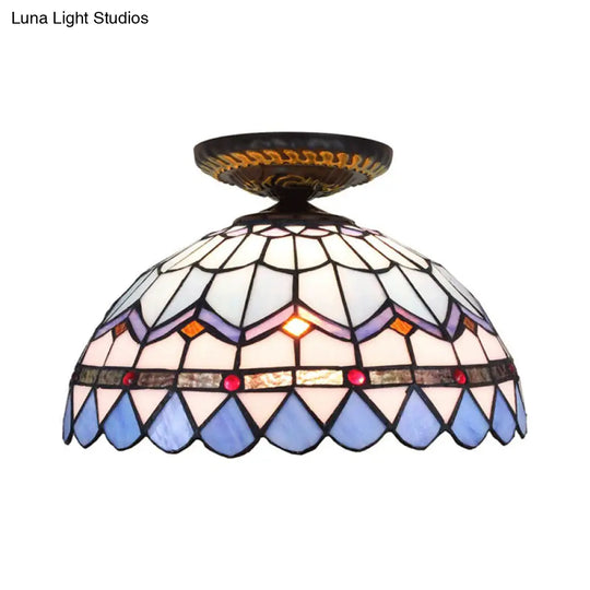 Tiffany Hand Rolled Art Glass Floral Flush Mount Light With Yellow/Blue Shade 12’/16’ W