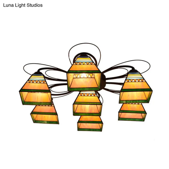 Tiffany Handcrafted Art Glass Semi Flush Light - Orange Pyramid Ceiling Mounted Fixture 3/7/8 Heads