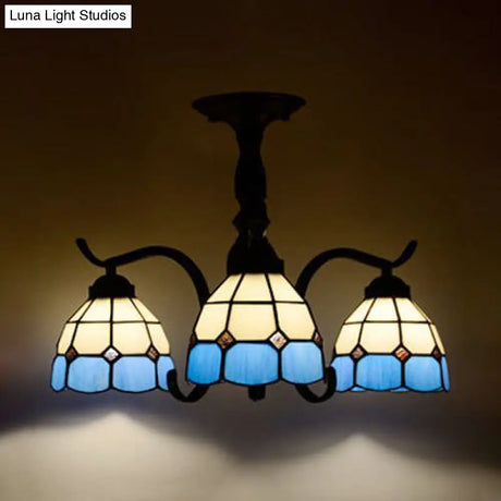 Tiffany Indoor Semi Flush Mount Ceiling Light With Stained Glass Design In Black - 3 Lights