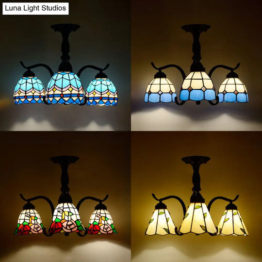 Tiffany Indoor Semi Flush Mount Ceiling Light With Stained Glass Design In Black - 3 Lights