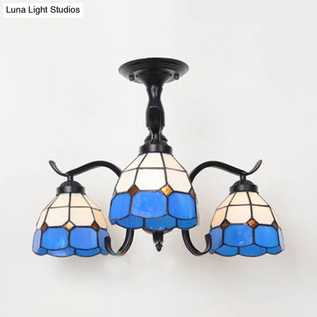 Tiffany Indoor Semi Flush Mount Ceiling Light With Stained Glass Design In Black - 3 Lights