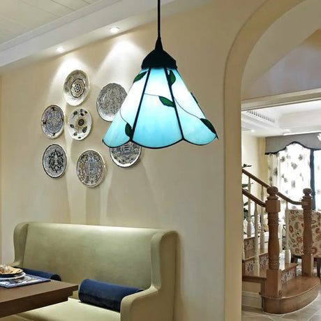Tiffany Inspired Stained Glass Pendant Lamp Kit - Scalloped Design Blue/Beige 3 Bulbs Ideal For