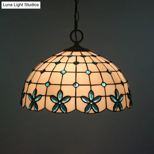 White Glass Tiffany Lattice Pendant Light With Jeweled Flower Detail - Hanging Lighting Kit For