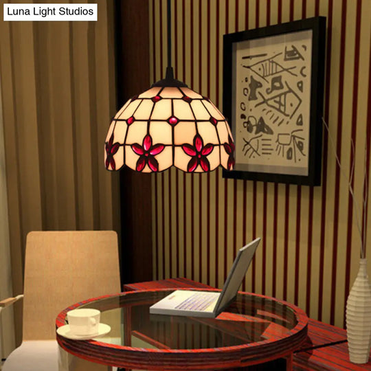White Glass Tiffany Lattice Pendant Light With Jeweled Flower Detail - Hanging Lighting Kit For