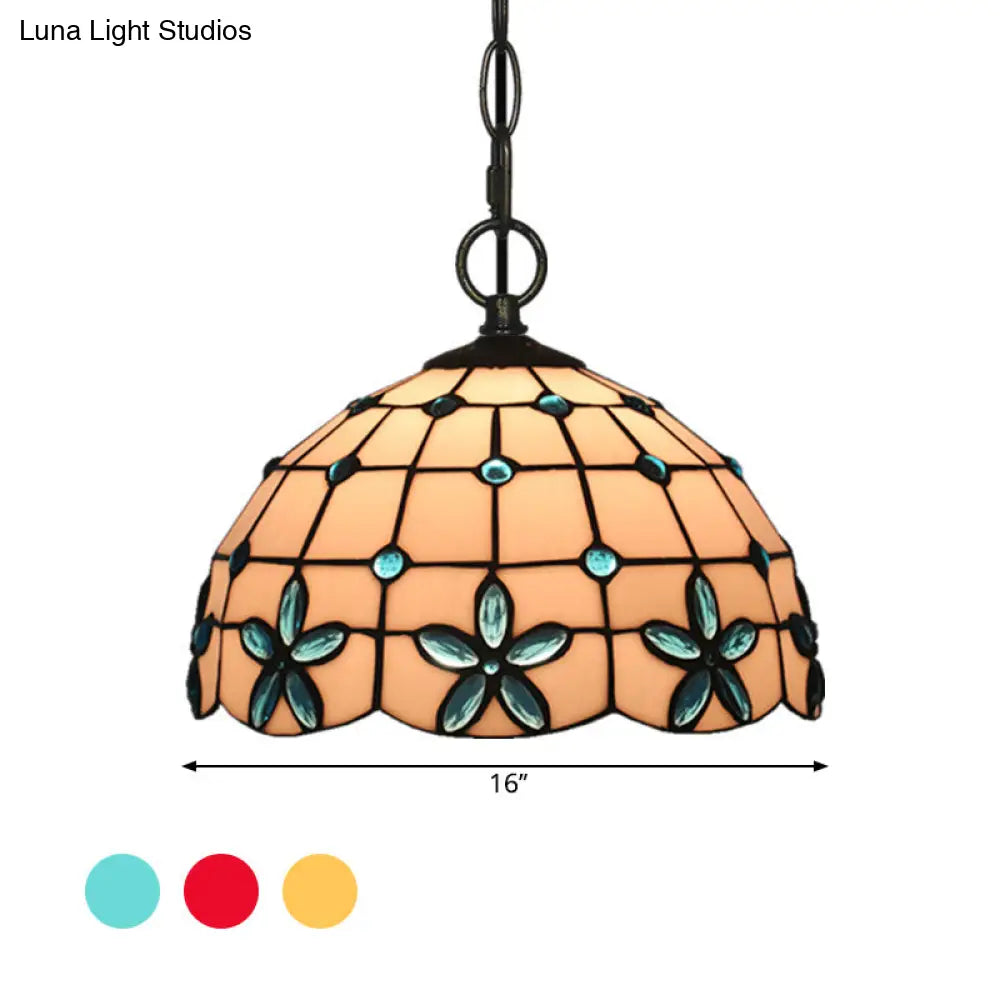 White Glass Tiffany Lattice Pendant Light With Jeweled Flower Detail - Hanging Lighting Kit For