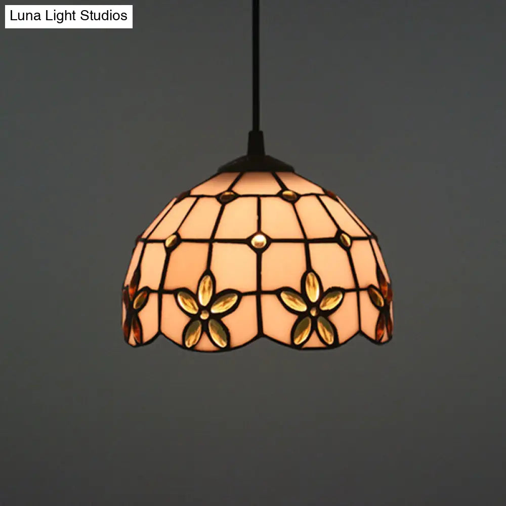 White Glass Tiffany Lattice Pendant Light With Jeweled Flower Detail - Hanging Lighting Kit For