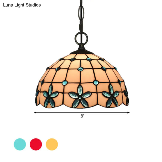 Tiffany Lattice Bowl White Glass Jeweled Flower Pendant Light Kit For Dining Room