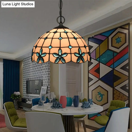 Tiffany Lattice Bowl White Glass Jeweled Flower Pendant Light Kit For Dining Room