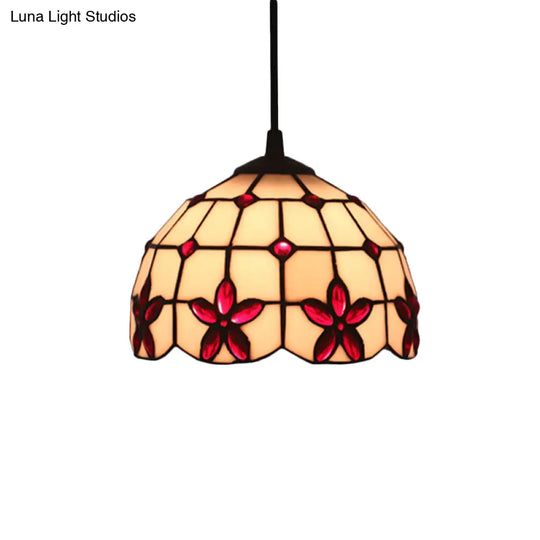 Tiffany Lattice Bowl White Glass Jeweled Flower Pendant Light Kit For Dining Room