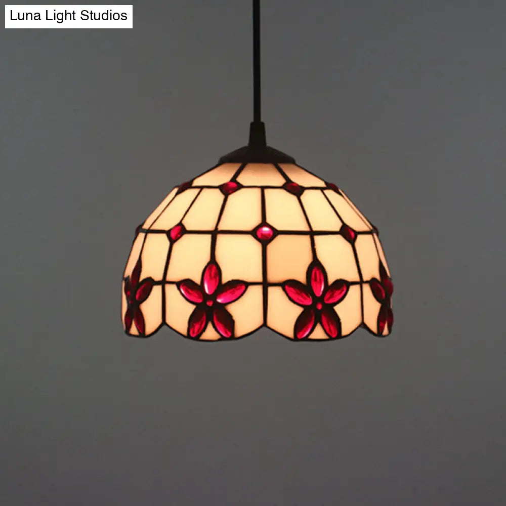 Tiffany Lattice Bowl White Glass Jeweled Flower Pendant Light Kit For Dining Room