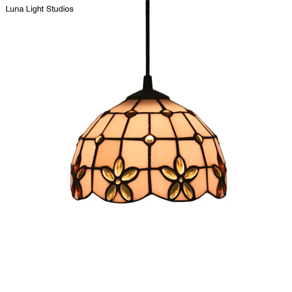 White Glass Tiffany Lattice Pendant Light With Jeweled Flower Detail - Hanging Lighting Kit For