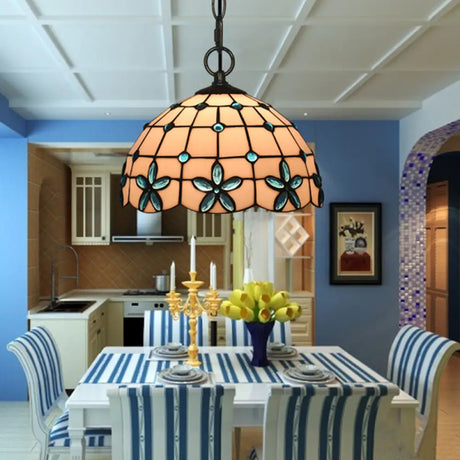 Tiffany Lattice Bowl White Glass Jeweled Flower Pendant Light Kit For Dining Room Blue / 8’