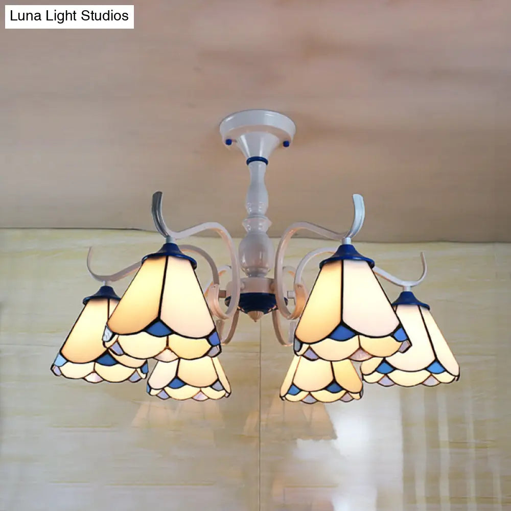 Tiffany Lodge Ceiling Light: Conical Semi Flush With Stained Glass In White/Blue (6 Lights) White