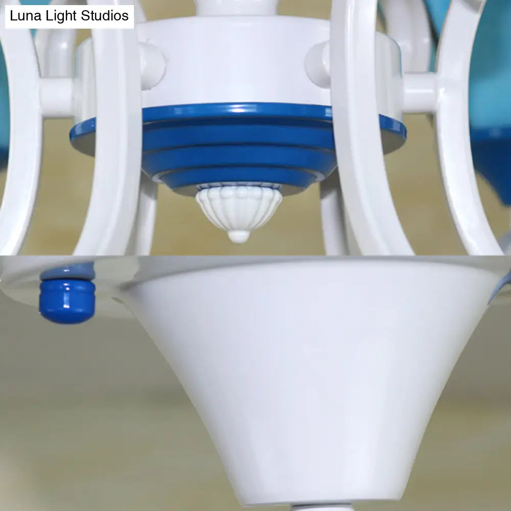 Tiffany Lodge Ceiling Light: Conical Semi Flush With Stained Glass In White/Blue (6 Lights)
