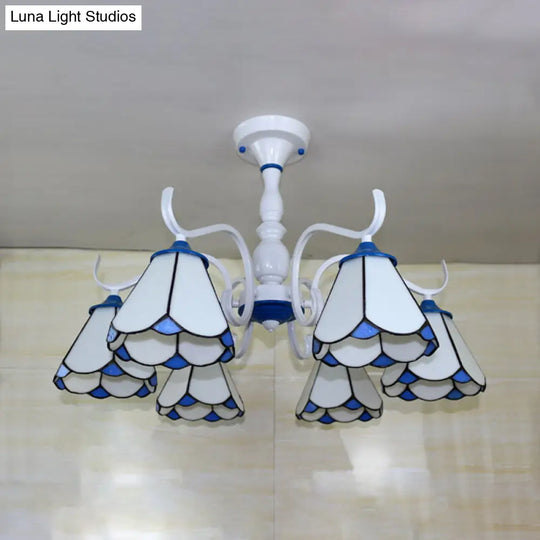 Tiffany Lodge Ceiling Light: Conical Semi Flush With Stained Glass In White/Blue (6 Lights)