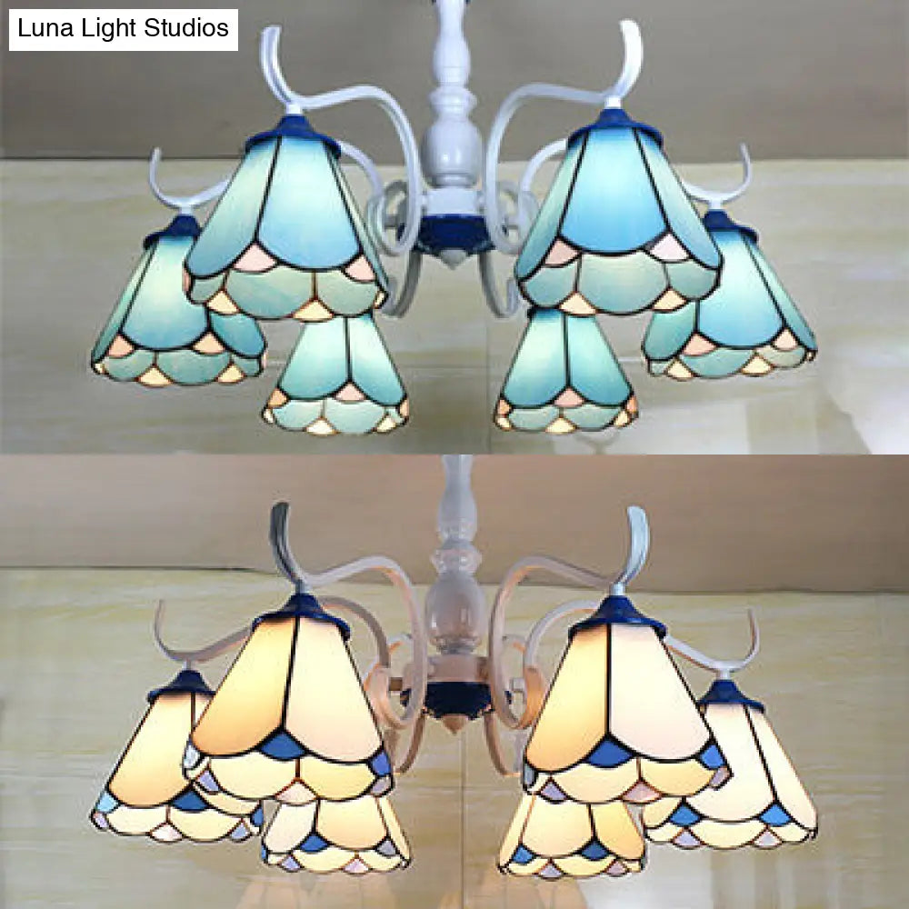 Tiffany Lodge Ceiling Light: Conical Semi Flush With Stained Glass In White/Blue (6 Lights)
