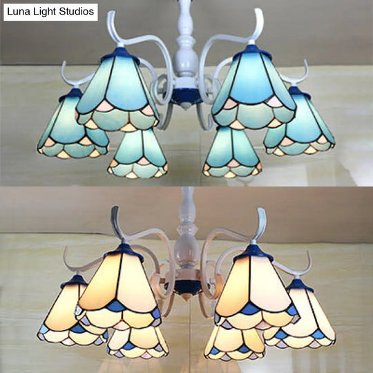 Tiffany Lodge Ceiling Light: Conical Semi Flush With Stained Glass In White/Blue (6 Lights)