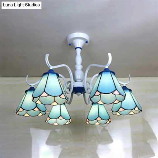 Tiffany Lodge Ceiling Light: Conical Semi Flush With Stained Glass In White/Blue (6 Lights) Blue