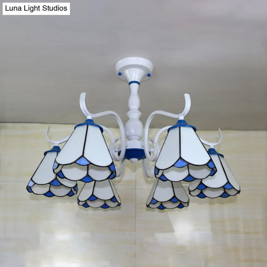 Tiffany Lodge Ceiling Light: Conical Semi Flush With Stained Glass In White/Blue (6 Lights)