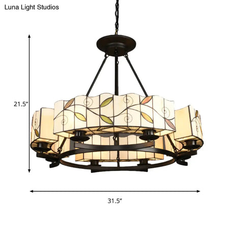 Tiffany Lodge Pendant Light - Stained Glass Drum Chandelier With Leaf Accent Adjustable Hanging In