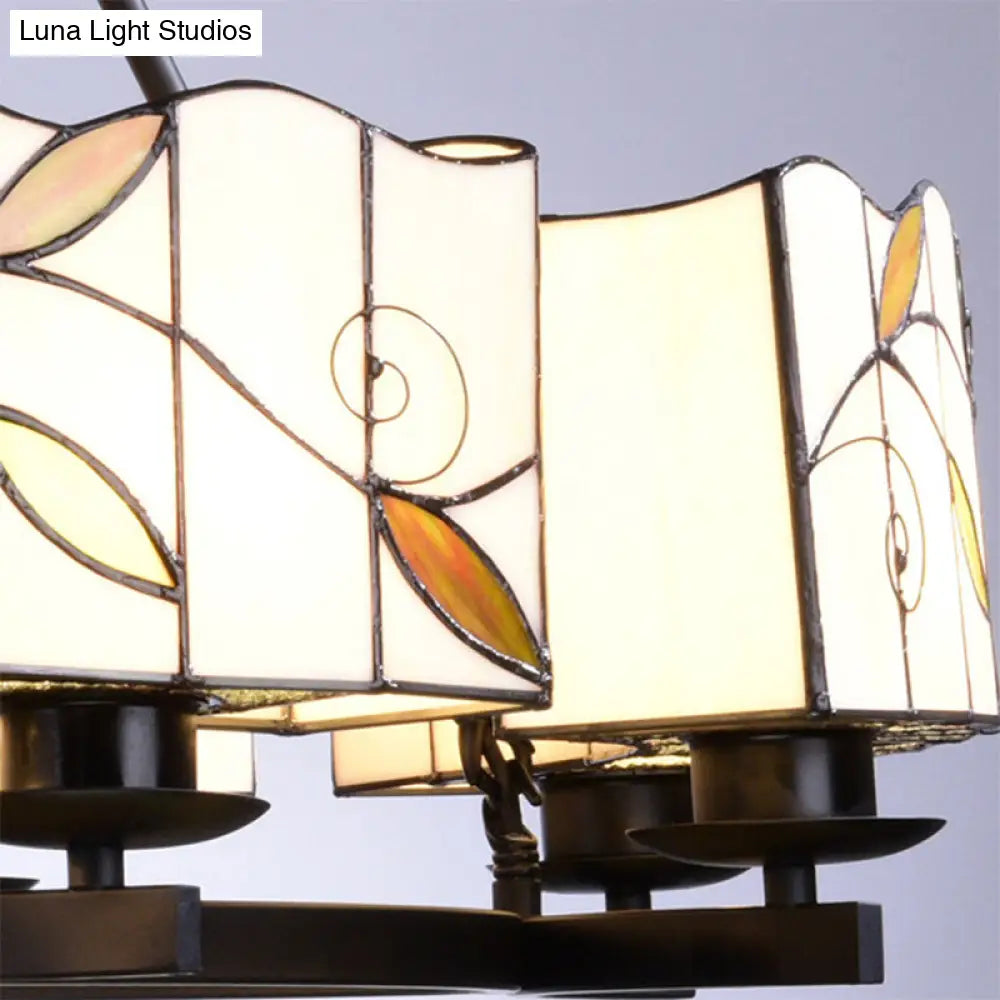 Tiffany Lodge Pendant Light - Stained Glass Drum Chandelier With Leaf Accent Adjustable Hanging In